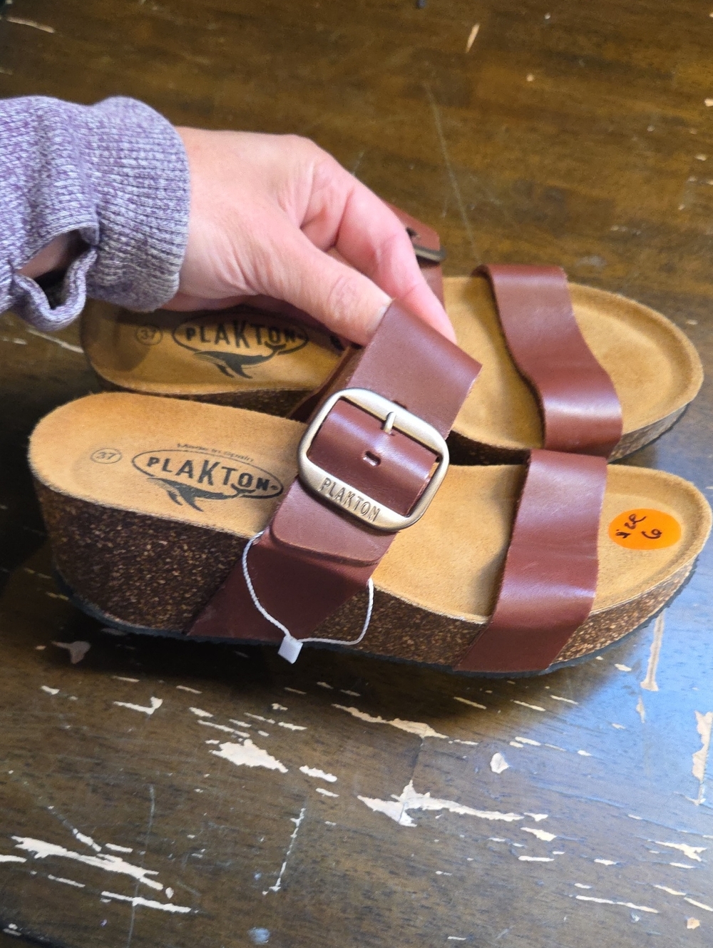 Plakton Size 6 Women's Brown Leather Slide Sandals with Buckle NEW With Tags